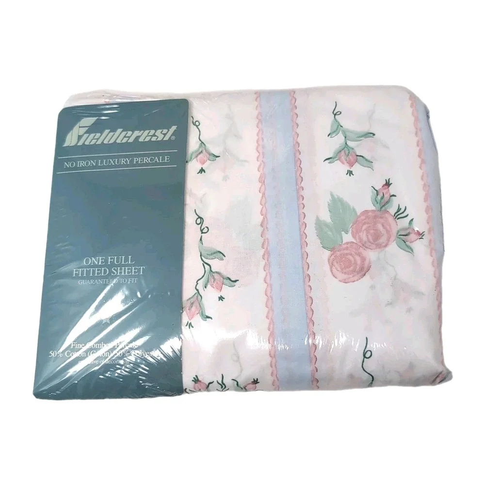 VTG Fieldcrest Cottage Rose Full Sheet Set Scalloped White Pink Blue 4pc NEW USA